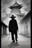 Placeholder: Black & white man walks on road's chinese village with playing light and shadow as ho fan style