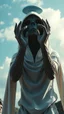 Placeholder: The creature from the the movie Prometheus with white hooded clothes raises hands up and looking at distant ufo in the sky front view