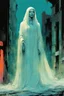 Placeholder: create an imaginative print illustration of the pale translucent ghost of an ancient female Oracle, Pythia with finely detailed hair and feminine facial features, in the ruined city of the dead , in the comic book art style of Bill Sienkiewicz, Mike Mignola, and Jean Giraud Moebius, finely textured, drawn, colored, and inked, suffused with dark foreboding shadows