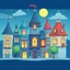 Placeholder: Cartoon whimsical fantasy blue city buildings