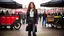 Placeholder: full-length portrait of a pale-faced woman with auburn wavy shoulder-length hair, with metal arms and legs, dressed in leather trousers and jacket, with a blouse, standing beside a steam carriage in a busy market square