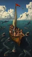 Placeholder: Hieronymus Bosch style , a boat full of children surrounded by sharks