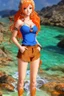 Placeholder: Full body of beautiful girl nami, Hair Color: Orange, Style: Wavy, Outfit Top: Blue, Outfit Bottom: Orange, Shoes: Brown, Accessories: Tangerine, Weapon: Clima-Tact, Hat: Straw, Tattoo: Pinwheel, Earrings: Hoops, sophisticated,, beautiful woman, hyper realistic, hyperrealism, photoreal, realistic, photorealistic, soft pastels, full-body, standing, long shot, wide angle, aesthetic