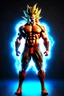 Placeholder: realistic 3d rendering of goku super saiyan fused aquaman, surrounded by lightning, big muscular, full body photography, hyperrealistic