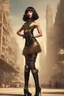 Placeholder: full-body-art of a woman with a bob with a fringe hairstyle, Cleopatra clothing, black knee-high boots, steampunk city background