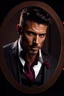 Placeholder: portrait of a 35 year old Handsome, rugged and muscular male leader with lightly tanned skin and tattoos. Dark hair cut short and a goatee beard. wearing a three piece suit. photorealistic