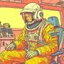 Placeholder: Moebius style scifi pilot with headphones, pilot helmet and exosuit sitting in a starship cockpit with solid colors with a desert and dusty station in the background