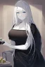 Placeholder: A beautiful young woman with long white hair and blue eyes, pale skin with opal freckles. Wearing a black dress