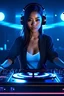 Placeholder: beautiful japanese girl, wearing earphone, playing turntables, happy, enjoy, party, disco light and laser background, full body, ultra realistic photograph, high detailed, 8K resolution, cinematic lighting,