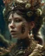 Placeholder: Beautiful young Queen baroque style moss covered dusty rusty florql metallic filigree headdress woman portrait wearing moss covered metqllic filigree decadent dlowers dust and rust covered bqroque organic bio spinql ribbed detail of bokeh extremely detailed surrealistic maximqist concept close up portrait qrt