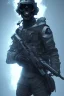 Placeholder: All black British soldier, high tech skull special forces helmet, shiny platinum helmet, white smoke, dark, rage, sorrow, high definition, ultra 8 k, volumetric lighting, blue fire, fog