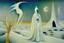 Placeholder: A woman wearing a white turban and long white coat in a surreal landscape by artist "Leonora Carrington" and "Max Ernst"