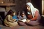 Placeholder: A close-up scene of an Arab mother reading the story from a book with her children around her in the room of the old wooden house near the fireplace 100 years ago.