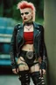 Placeholder: photo of a beautiful Polish young punk woman taken by a Mamiya M645 camera with portrait lens on colour medium-format film, red lips, blue eyes, red mohawk, black leather jacket, Ramones style, heavy boots, fishnet stockings, torn t-shirt, nosering, few earrings, belly ring