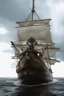 Placeholder: Ship front view with a Spider figurehead at night in a storm with giant waves