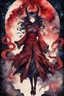 Placeholder: Demon girl wizard behind, horror, nightmare, galaxy in eyes, fullbody, watercolor illustration by <Katsushika Hokusai>, darkred tones,