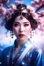 Placeholder: galactic japanese priestess woman detailed beautifull, innocence and gentle face with a little smile, brown hair blue eyes fine gold lace garments in light blue and pink with ethereal background with cosmic atmosphear and a lot of cherry blossoms flower, sideral atmoshpere. More light background more pink cherry blossoms flowers, more light background