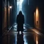 Placeholder: A hooded man in A dark alley, hidden shadows, a street light, puddle of rain,