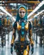 Placeholder: potrait cinematography colors a beautiful woman humanoid robot mechanical hijab walking in between two rows of complex machinery with vibrant colors