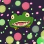 Placeholder: Night scene. A green frog smiling, smiling with teeth, happy, fun. Night. Colorful market. Dark. Black. festival lights. Japanese lanterns. sparkle. Bokeh, fisheye. party. confetti. playful. dance. Saturated.