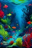 Placeholder: Vista del fondo del mar, peces de colores rojos, amarillos, negros, tiburones, corales rojos y fucsias, caballos de mar, el agua en diferentes tonos de azules y verdes