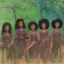 Placeholder: Octane rendered. .a group of women.five young black women sitting around a fire. Black Sisters. Sitting and Standing together. 4k Painting. Detailed. Fine details. the faces of 5 young black women. Young women sitting wood nymphs emerging from the forest. THeir hair looks like vines. Dreadlocs. Their skin is the colour of dark soil. their skin looks like tree bark. Their clothing is made of vines, grass and leaves.