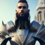 Placeholder: A handsome npc standing in front of a church, futuristic design, a paradise in background, close-up face, geometric armor, female face, 3d unreal engine, black face, closupe