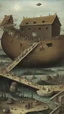 Placeholder: Hieronymus Bosch style nightmare Noah Ark ufo spaceship hovering above from a distance