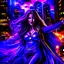 Placeholder: super pretty woman, purple long haired, big bubs, good body, dressed with a mini purple super hero siut, cape, shining eyes and plasma light on hands flying over the darkness city