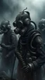 Placeholder: A musical band wrap a gas mask , they are tied to their musical instruments ,surrealism of the dark of a nightmare ten miles high and six foot deep, hyper photorealistic, hyper detailed dark art color, high resolution, fog, octane render, tilt shift, HDRI Environment, all pictures dark gray