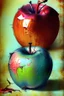 Placeholder: A surreal grunge messy and scratched painting style, eve is holding a rotten apple - not amused, Adam in background,ironic, surreal, abstract and striking