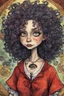 Placeholder: a cartoon illustration of a schizophrenic curly haired vampire girl , in the cartoon style of Lynda Barry , Ernie Pook's Comeek, vibrant natural colors, , museum quality masterpiece