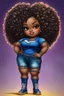 Placeholder: vibrant psychedelic pop punk image, airbrush, 48k, cartoon art image of a plus size chibi dark skinned Black female wearing a sapphire blue jean outfit with timberland boots. Prominent make up with brown eyes and lush lashes. Highly detailed tight curly ombre afro