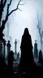 Placeholder: A scary silhouette in white mantle clothes on a scary cemetery fog background