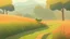 Placeholder: Rice field，Trees，Warm color palette，Animation，A lovely grasshopper，Top of the hill