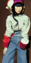 Placeholder: Asian, modern, treet, thick thigh, thick calves. Style futurism, 1996, daft punk around the world,details,Asa Akira.Mantle is sewed of recycled Denim and sewed together red felt pieces.Big headphones, with gold rings, is merged with small felt cap with small visor. A bag is integrated to the mantle. Big camouflage Patterns are composed of orange, cream, blue, lilac and purple. blue latex. It is with big bright purple felt tippet and cream-colored-hood. tippet