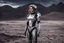 Placeholder: photo of a Sci-fi woman, wearing a silver and black spacesuit looking like an android, no helmet, on an alien planet