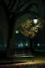 Placeholder: Park at night with lanterns, square bench, and dirt roads, trees, gothic horror films influence, creepy, photography