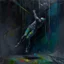 Placeholder: Minimal abstract oil painting of a falling person limbs sinew twisted .triadic colour. Random words. Amongst concrete fragments brutalist architecture and hanging wires illuminated at night. In the style of Justin Mortimer and Phil Hale and Ashley Wood