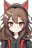 Placeholder: a headshot of a woman with long brown hair, red eyes, with a 'bad girl' vibe, brown cat ears, wearing black and red casual clothes, ((Chibi anime doll style)), splash art background, intricately detailed