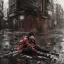 Placeholder: just a distant japanese boy, photo from behind, black hair, sitting on floor, akira red jacket with pill in the back, tokyo post apocalyptic, rain, extremely detailed, extremely realistic