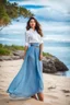 Placeholder: young lady wearing beautiful maxi blue skirt and elegant long shirt standing in beach posing to camera ,upper body shot,ships in sea ,blue sky nice clouds in background