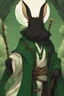 Placeholder: Male rabbitfolk with black fur and Hazel eyes wearing a emerald green robes in a fantasy setting, sorcerer of life