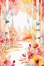 Placeholder: red, orange, yellow, pink flowers before birches. stylized watercolor, extremely textured botanical theme