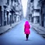 Placeholder: Beautiful lonely girl who walks along a street without people at dawn. You see her from behind. She is very short BLUE dressed. She has pink hair with glowing crystals. Full body, 8k resolution concept art. Professional Photo HD. Stylish. Warm vivid colors. Panoramic