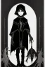 Placeholder: 7 year old boy, necromancer, friendly, looks dead,with a long lamprey emerging from his belly , wearing black robes, in the style of Harry Clarke