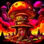 Placeholder: A fantabulous black, red, and yellow (((mushroom tower house))) erected atop a (geologic pillar), surrounded by the uncanny imaginative ((( swirling skies))), offset by the stark hues of a (neon-tinged nebulous space scape), within. captured by the hand a skilled master painter with a focus on (softly blurred compositions and voluminous lighting).