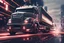 Placeholder: cinematic view, 8k, high resolution, stylized, monochromatic, vectorial, oil painting, art of a hino profia truck running in a futuristic road, lights, blurred background, neon, bokeh effect, surrealistic, forced perspective