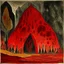 Placeholder: A dark red lava flows in underground designed in Kuna molas painted by Paul Klee