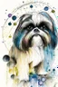 Placeholder: Abstract wet watercolour of a Shih tzu ink lines, interlinked circles,detailed focus on eyes